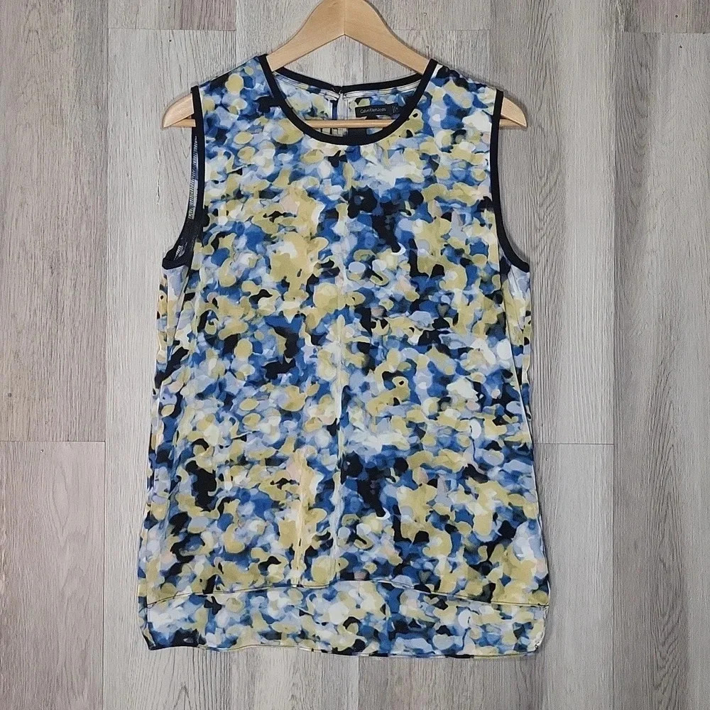 Calvin Klein Jeans Blue Yellow Abstract Dots Sleeveless Keyhole Womens Size Med